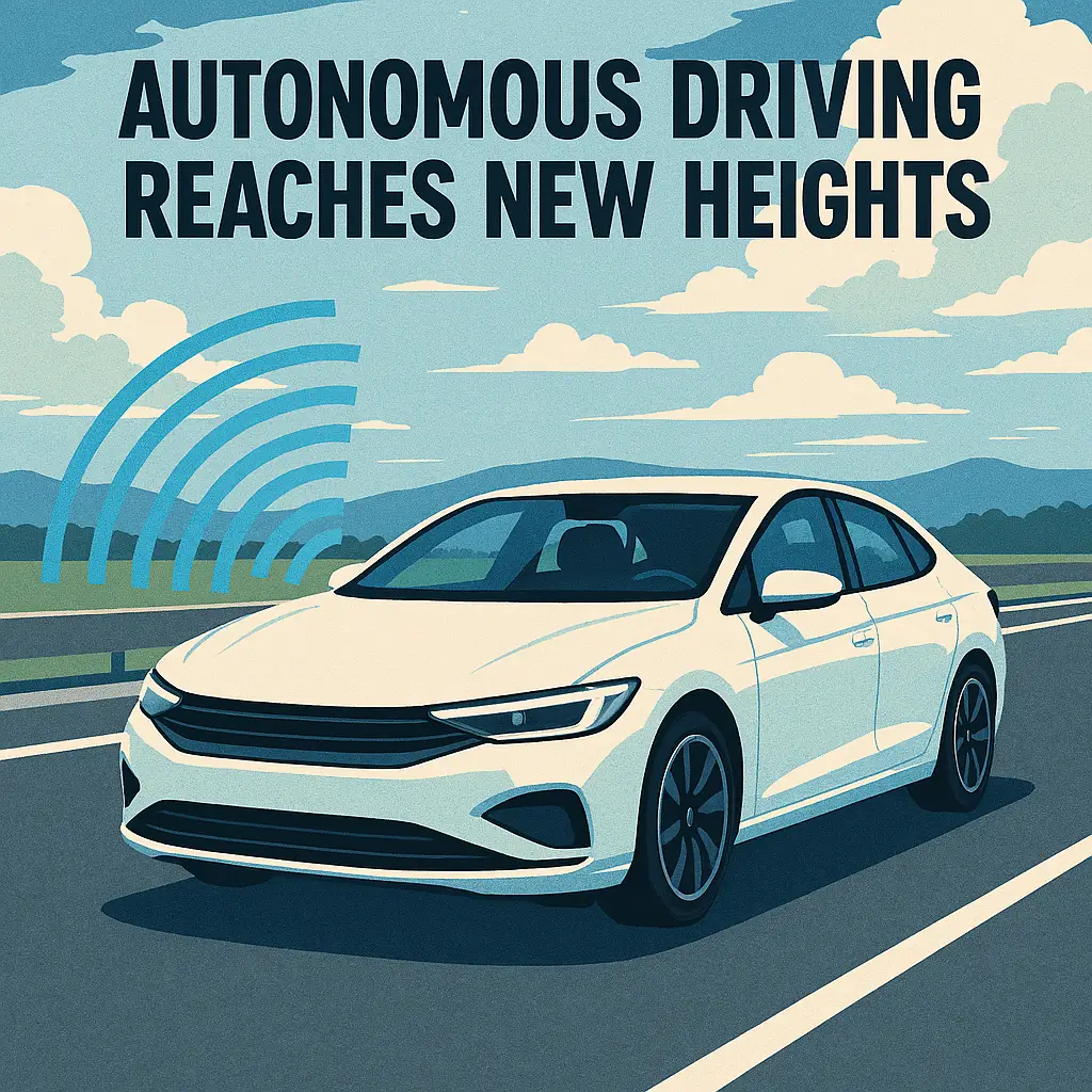 White autonomous car on highway with blue sensor arcs under a clear sky.