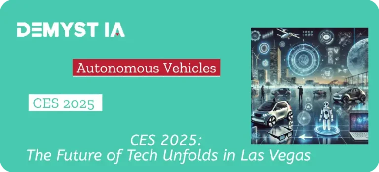Futuristic CES 2025 exhibition hall with AI and AR demonstrations
