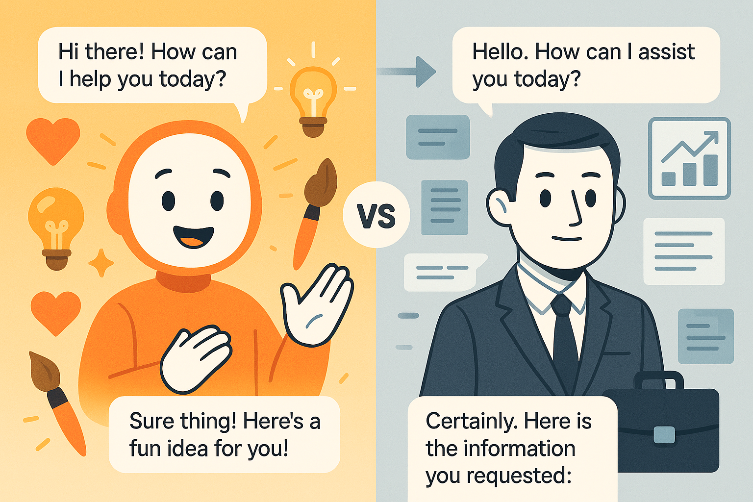 Split illustration of ChatGPT's personality evolution: left side shows a smiling AI with creative icons and warm colors; right side shows a business-suited AI with corporate icons and cool tones, separated by a transformation arrow labeled "vs".