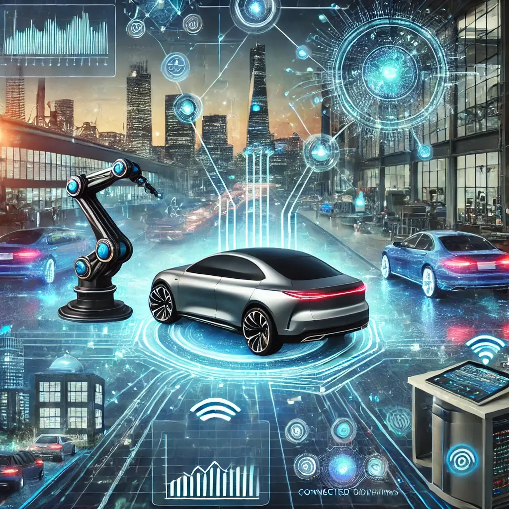 A futuristic collage showcasing the integration of AI in the automotive industry. The image includes a sleek autonomous car navigating a modern city