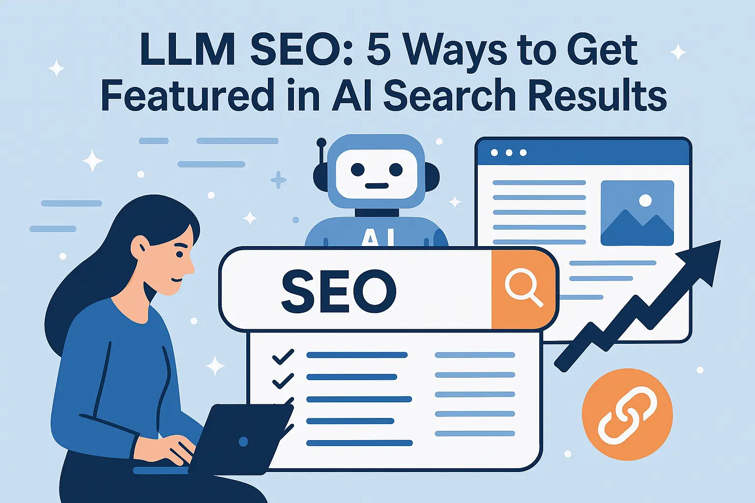 Illustration showing content optimization for large language models (LLMs) to boost visibility in AI-generated search results, featuring visual elements like SEO graphs, AI icons, and highlighted content snippets.