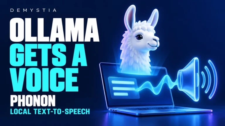 A llama above a laptop sends a glowing audio waveform to a speaker, with the text Ollama Gets a Voice, Phonon, Local Text-to-Speech.