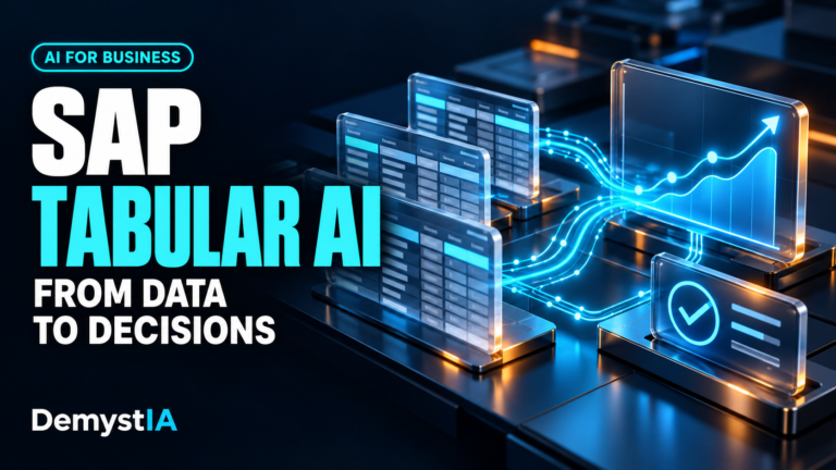 SAP tabular AI illustration showing connected business data tables, a forecast curve and a decision panel.